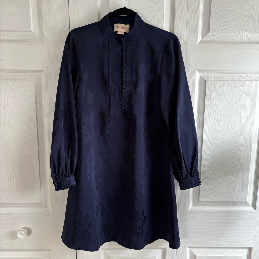 Figue Izzie Floral Jacquard Mini dress Long Sleeve S Festive Preppy Career Blue - Picture 2 of 10